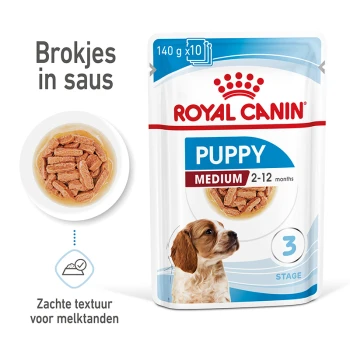 Royal Canin Puppy voerzak voor middelgrote rassen, geschikt voor puppy's van 2-12 maanden, met zachte stukjes in saus.