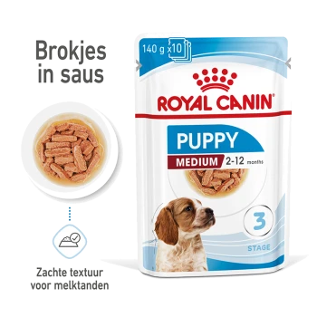 Royal Canin Puppy voerzak voor middelgrote rassen, geschikt voor puppy's van 2-12 maanden, met zachte stukjes in saus.