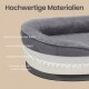 Rundes graues Plüsch-Haustierbett im Querschnitt; deutscher Text 'Hochwertige Materialien' und beschriftete Materialschichten