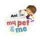 Ein fröhlicher Cartoon-Junge, der den Text "AniOne mein Haustier & ich" mit bunten Buntstiften zeichnet und ein verspieltes Haustier-Thema betont.