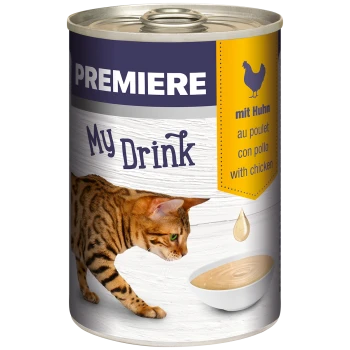 Boîte de nourriture pour chat avec un chat Bengal reniflant près d'un bol blanc de liquide. L'étiquette indique "PREMIERE My Drink" avec "avec du poulet" en plusieurs langues.