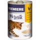 Kattenvoer met een Bengaalse kat die snuffelt bij een witte kom met vloeistof. Label leest "PREMIERE My Drink" met "met kip" in meerdere talen.