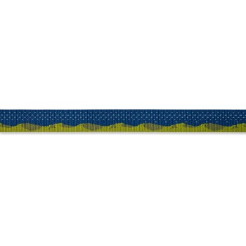 Hundeleine mit blauem und grünem Muster, die ein Wellenmuster zeigt, auf einem weißen Hintergrund präsentiert.