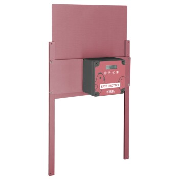 Pinkfarbene automatische Metall-Hühnerklappe mit schwarzem Steuerkasten, beschriftet mit „Easy Protect“ von Kerbl.