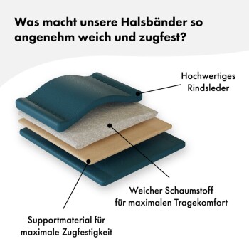 Bild zeigt ein mehrschichtiges Hundehalsband mit Text, der seine Materialien erklärt: hochwertiges Rindsleder, weicher Schaum für Komfort und Stützmaterial für Stärke.