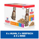 Hill's Science Plan Katzenfutterbox mit einer getigerten Katze, beschriftet mit "Adult 1-6," enthält 6 Portionen Huhn, 3 Portionen Meeresfisch und 3 Portionen Rind.