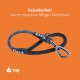 Eine strapazierfähige Hundeleine aus Kletterseil, mit einem Metallclip und beschriftet mit "Floxik", auf einem orangefarbenen Hintergrund. Gewicht: 136g.