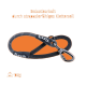 Eine strapazierfähige Hundeleine aus Kletterseil, mit einem Metallclip und beschriftet mit "Floxik", auf einem orangefarbenen Hintergrund. Gewicht: 136g.