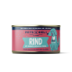Nourriture pour chien en conserve étiquetée "RIND" avec de l'amarante, du brocoli et de la papaye. Présente un chien de dessin animé et un texte indiquant qu'elle est pour les chiens adultes.