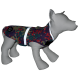 Ein graues Hundemanikin trägt einen bunten Camouflage-Regenmantel mit reflektierenden Streifen, der ein stilvolles Haustierbekleidungsdesign zeigt.