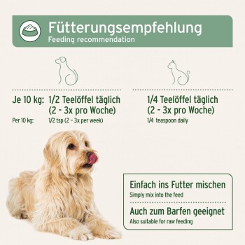Kleiner hellbrauner Hund vor Poster 'Fütterungsempfehlung / Feeding recommendation'; Dosierung: Hund 1/2 TL pro 10 kg, Katze 1/4 TL.