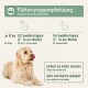 Kleiner hellbrauner Hund vor Poster 'Fütterungsempfehlung / Feeding recommendation'; Dosierung: Hund 1/2 TL pro 10 kg, Katze 1/4 TL.