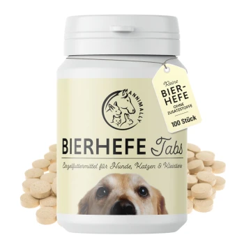 Bierhefe-Tabletten-Nahrungsergänzungsmittel für Hunde, Katzen und kleine Tiere, mit dem Gesicht eines Hundes auf dem Etikett, mit verstreuten Tabletten.