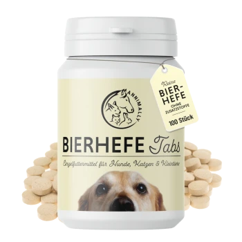 Bierhefe-Tabletten-Nahrungsergänzungsmittel für Hunde, Katzen und kleine Tiere, mit dem Gesicht eines Hundes auf dem Etikett, mit verstreuten Tabletten.