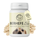 Bierhefe-Tabletten-Nahrungsergänzungsmittel für Hunde, Katzen und kleine Tiere, mit dem Gesicht eines Hundes auf dem Etikett, mit verstreuten Tabletten.