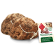 Natürlicher Hundekauspielzeug aus 100 % unbehandeltem Holz, mit dem Label "Kauwurzel", mit einem kleinen Hundebild und Produktdetails.