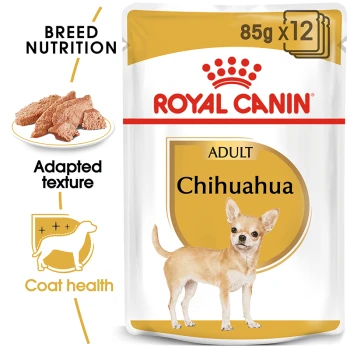 Royal Canin Adult Chihuahua dog food packaging, featuring a Chihuahua dog illustration, with text highlighting breed nutrition and coat health.