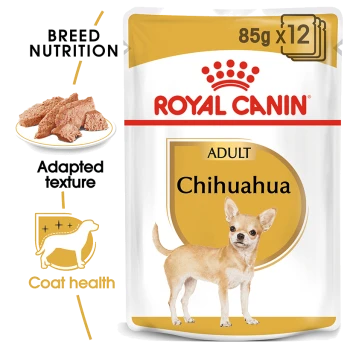 Royal Canin Adult Chihuahua dog food packaging, featuring a Chihuahua dog illustration, with text highlighting breed nutrition and coat health.