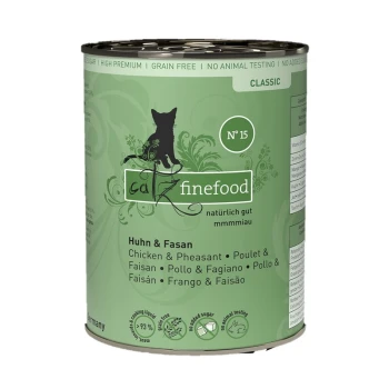 Grüne Dose von Catz Finefood, beschriftet mit "Huhn & Fasan," mit einer Katzensilhouette und Hinweisen auf Getreidefreiheit und Premium-Qualität.