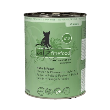 Grüne Dose von Catz Finefood, beschriftet mit "Huhn & Fasan," mit einer Katzensilhouette und Hinweisen auf Getreidefreiheit und Premium-Qualität.