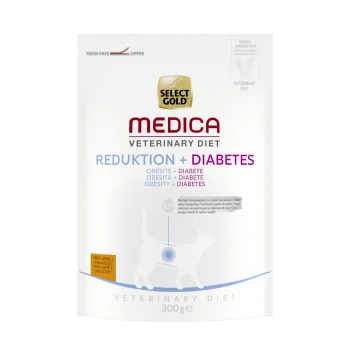 Select Gold Medica Veterinärdiät-Tüte für Katzen, 300 g, mit der Aufschrift 'Reduktion + Diabetes' und mehrsprachigem Text zu Fettleibigkeit und Diabetes.