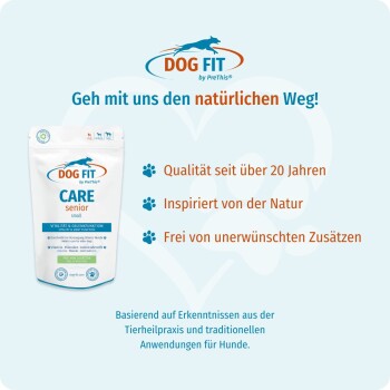 Dog FIT CARE senior small Beutel und Logo mit deutschem Slogan „Geh mit uns den natürlichen Weg!“