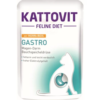 Feline Diet Nassfutter Katze Gastro Adult Huhn und Reis 24x85 g Kattovit Feline Diet Gastro Katzenfutterverpackung mit Huhn und Reis, mit Angaben, dass es fettarm, leicht verdaulich und reich an Elektrolyten ist.