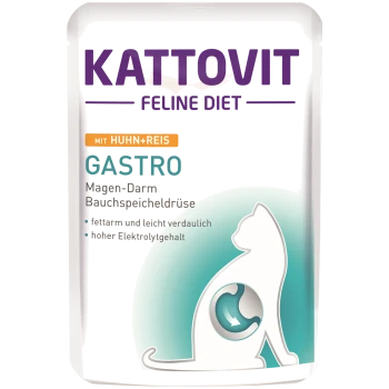 Kattovit Feline Diet Gastro Katzenfutterverpackung mit Huhn und Reis, mit Angaben, dass es fettarm, leicht verdaulich und reich an Elektrolyten ist.