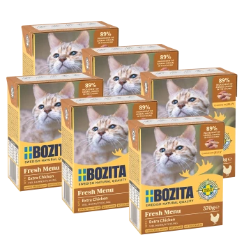 Sześć pudełek karmy dla kotów Bozita Fresh Menu, z kotem na opakowaniu, podkreślające "89% składników pochodzenia zwierzęcego w kawałkach."