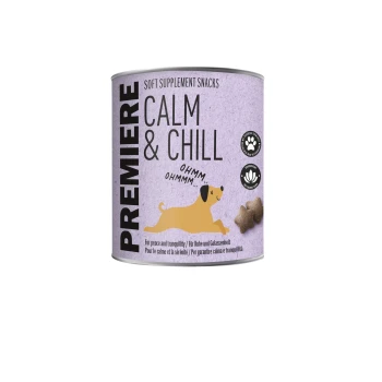 Premiere Calm & Chill weiche Ergänzungssnacks für Hunde, lila Dose mit Hundeillustration und Beruhigungssymbolen.