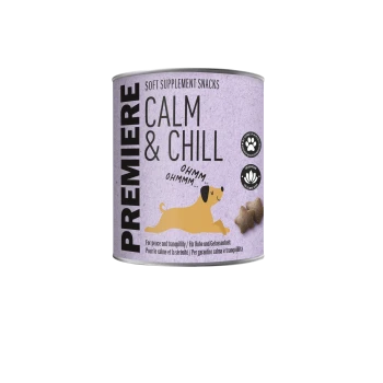 Premiere Calm & Chill zachte supplementensnacks voor honden, paars blik met hondenillustratie en kalmeringsiconen.