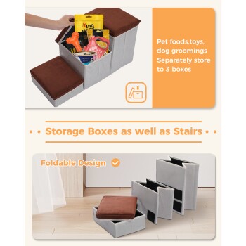 Aufbewahrungsboxen für Haustierbedarf, mit einem faltbaren Design und einem braunen gepolsterten Deckel, beschriftet für Haustierfutter, Spielzeug und Pflege.