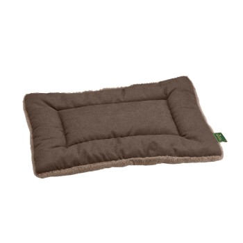 Braunes rechteckiges Haustierbett mit plüschigen Rändern und grünem Etikett „Hunter“ auf weißem Hintergrund.