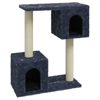 Katzenbaum mit zwei dunkelblauen, stoffbezogenen Würfeln und einem Kratzpfosten, entworfen für das Spielen und Ausruhen von Katzen.