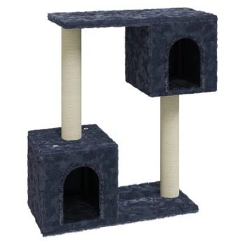 Katzenbaum mit zwei dunkelblauen, stoffbezogenen Würfeln und einem Kratzpfosten, entworfen für das Spielen und Ausruhen von Katzen.