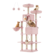 Ein hoher rosa Katzenbaum mit mehreren Ebenen, Hängematten und Kratzpfosten, auf dem fünf Katzen entspannen und spielen.
