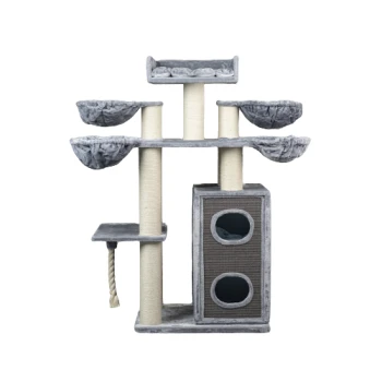 Grauer mehrstöckiger Katzenbaum mit Kratzpfosten, gemütlichen Sitzplätzen und einem würfelförmigen Versteck. Ideal zum Klettern und Entspannen.