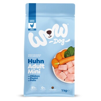 Hellblaue 1-kg WoW-Dog-Tüte Trockenfutter mit Aufschrift Huhn Adult Mini, Bild von Huhn und Karotte, 'mit Huhn / Poulet / Pollo'