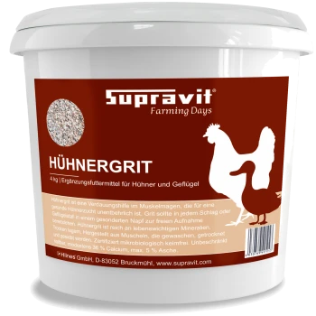 Weißer Plastikeimer Supravit Hühnergrit, 4 kg Hühnergrit-Ergänzung mit Hühnersilhouetten und Produktdetails auf Deutsch.