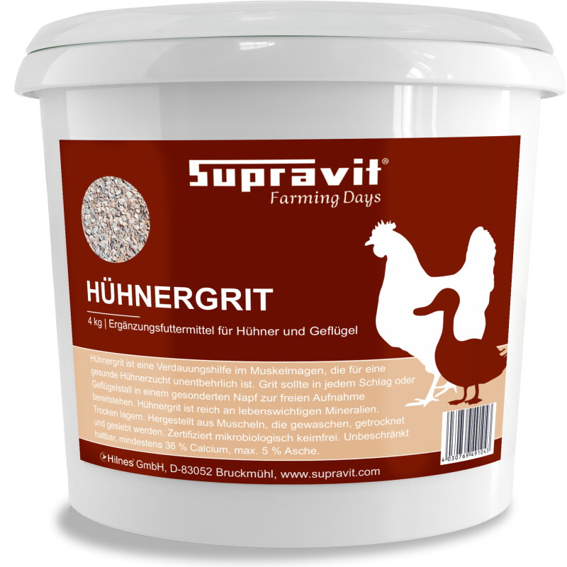 Supravit Hühnergrit Geflügelgrit 4 kg - Muschelkalk für Knochen - Futterkalk für Hühner