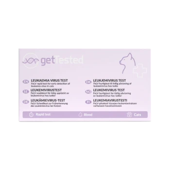 getTested FeLV-Schnelltestbox für Katzen, Aufschrift 'LEUKÄMIEVIRUS-TEST', Katzenumriss und Symbole: Schnelltest, Blut, Katzen