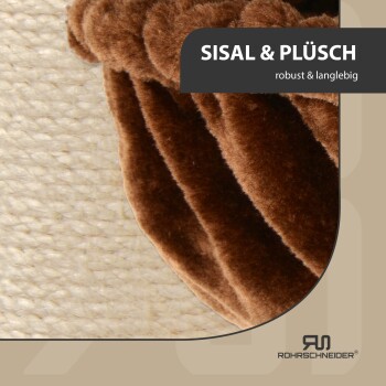 Nahaufnahme eines Haustierprodukts, das eine Kombination aus Sisal und Plüschmaterialien zeigt, mit der Aufschrift "SISAL & PLÜSCH" und dem Text "robust & langlebig."