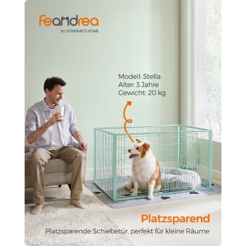 Ein 3-jähriger Hund namens Stella sitzt in einem mintgrünen Haustiergehege neben einem Mann auf einer Couch und zeigt sein platzsparendes Design.