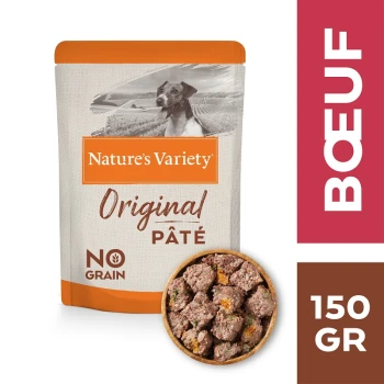 Emballage de nourriture pour chiens Nature's Variety Original Pâté avec une image de chien, étiqueté "Sans céréales" et "Boeuf", avec un bol de pâté.