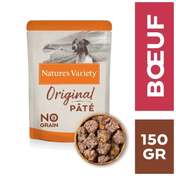 Emballage de nourriture pour chiens Nature's Variety Original Pâté avec une image de chien, étiqueté "Sans céréales" et "Boeuf", avec un bol de pâté.