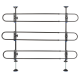 Schwarzes Metall-Haustiergitter mit drei horizontalen Stangen und verstellbaren Füßen, entworfen, um Haustiere in einem bestimmten Bereich zu halten.