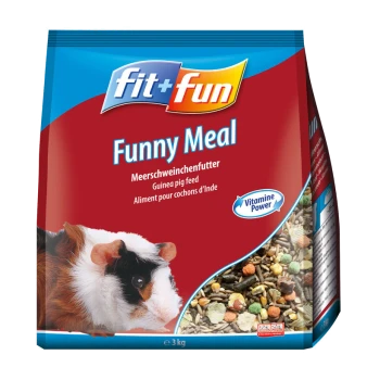 Eine Tüte "fit+fun Funny Meal" Meerschweinchenfutter, mit einem Meerschweinchen auf der linken Seite, mit bunten Pellets und sichtbaren Zutaten.