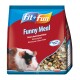 A bag of "fit+fun Funny Meal" guinea pig feed, featuring a guinea pig on the left, with colorful pellets and ingredients visible.