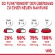 Infografik, die einen 7-tägigen Übergangsplan zu neuem Haustierfutter zeigt, mit Prozentsätzen des neuen Futters, die von 25 % auf 100 % steigen.