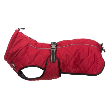 Rote, gesteppten Hundejacke mit Reißverschluss und verstellbarem Riemen, entworfen für Wärme und Komfort.